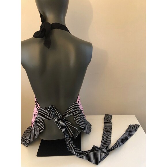 Flirty Aprons Pink w/Black Scroll Pattern & Ruffle Back or Side Tie Adult One Sz - Picture 5 of 9